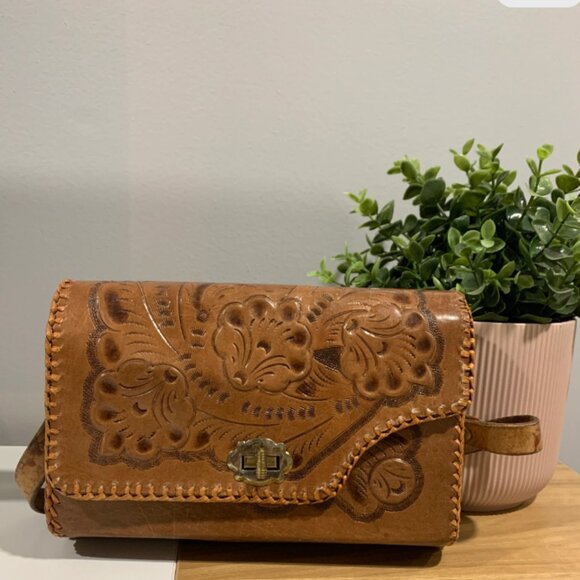 70s Rare Vintage Leather Tooled Purse with Pony Hair lining - Picture 1 of 6